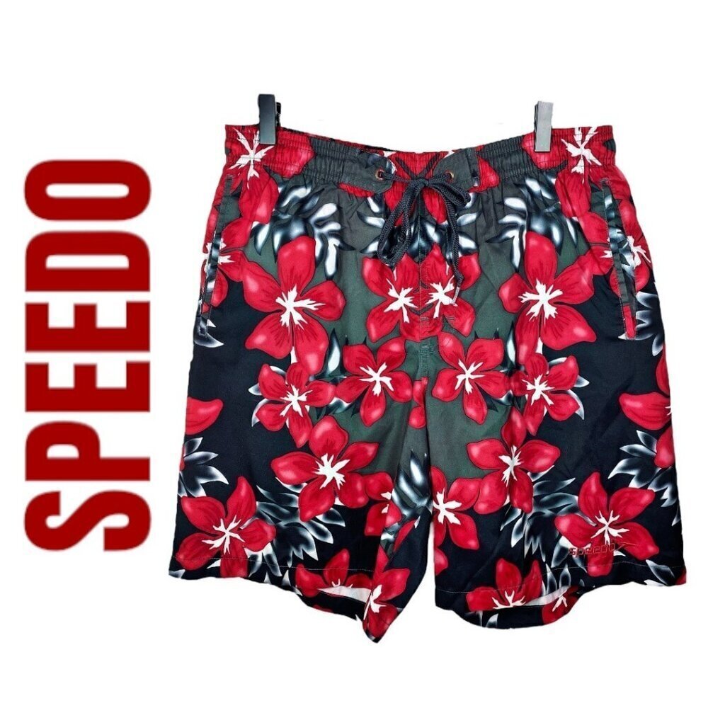 SPEEDO Men's Board Shorts Swim Trunks Black Red Hawaiian Floral, Size M‎